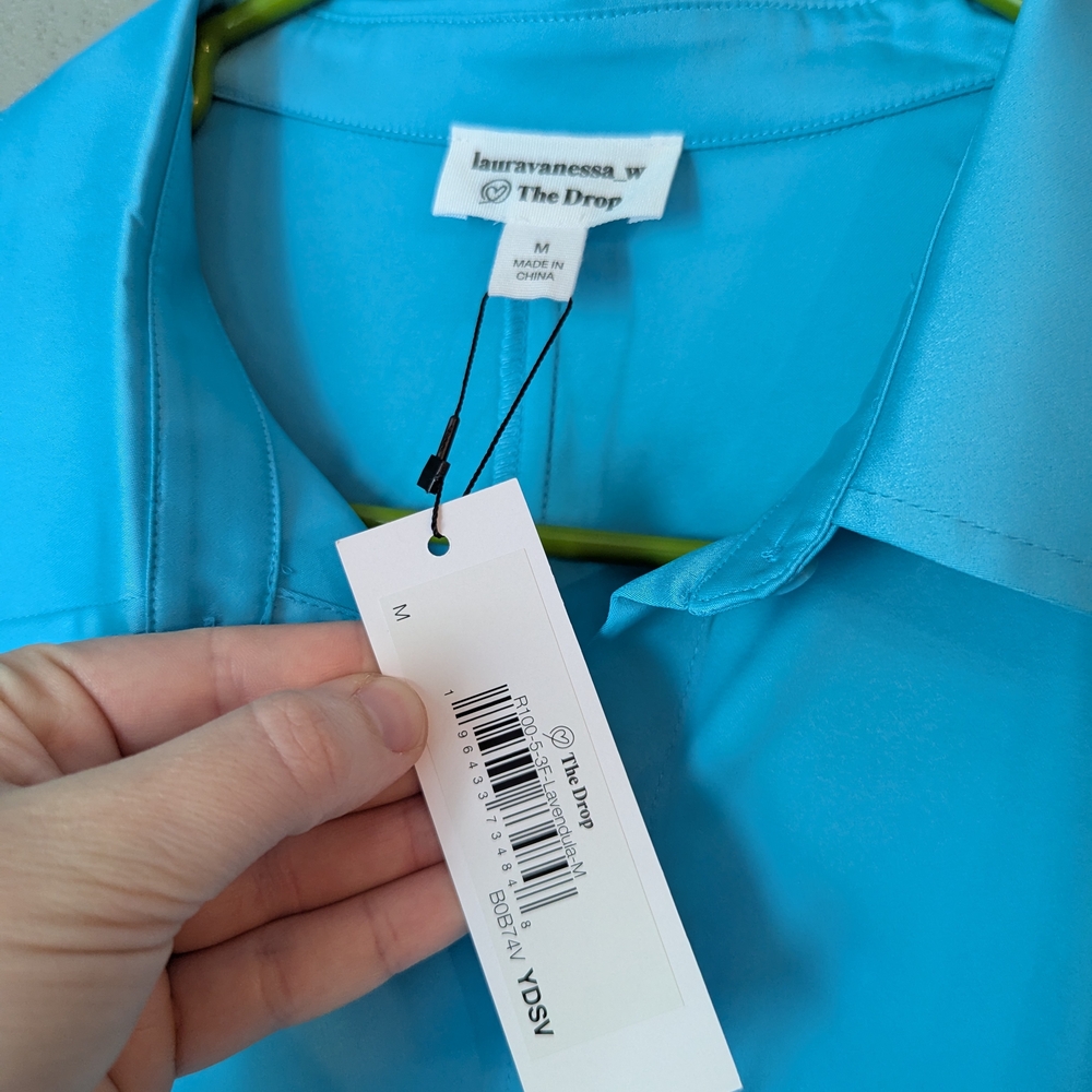 Vibrant Blue Button Down Shirt with Ruched Sleeves Medium - Picture 3 of 6